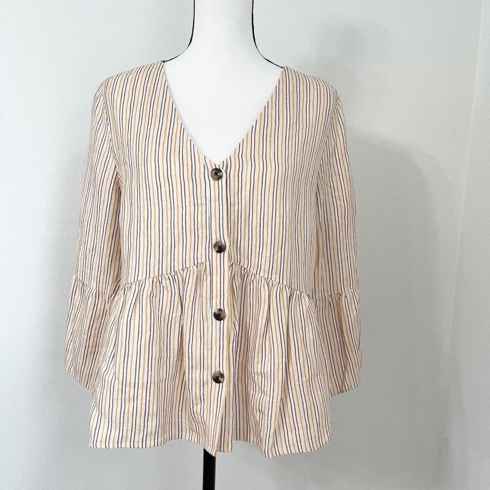 Ann Taylor Factory Yellow Striped Bell Sleeve V-Neck Blouse Top Ruffle. Size M